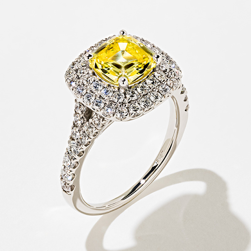 Double halo diamond accented engagement ring with 1ct fancy color yellow lab grown diamond in 14k white gold
