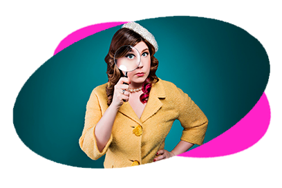 A woman in a yellow dress holds a magnifying glass, looking thoughtfully.
