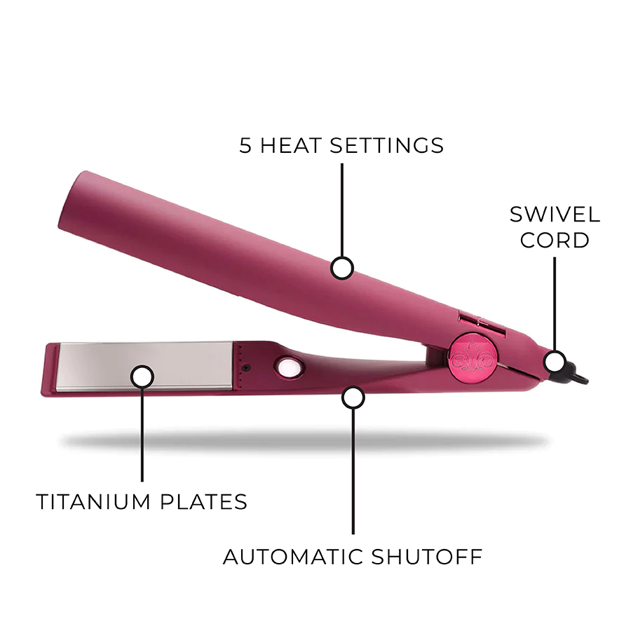 Image of TYME Iron Pro Cosmo (burgundy color) Callouts read: titanium plates, automatic shutoff, swivel cord, 5 heat settings