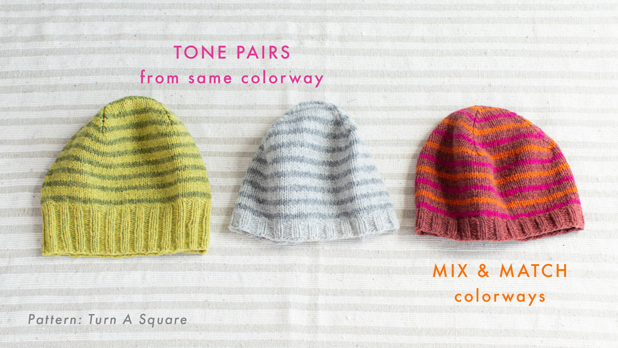 Three Brooklyn Tweed Turn A Square hats depicting different ways of mixing colorways with Tones.