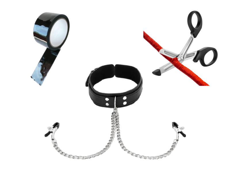 BDSM kit bundle image shows the three items that come in the kit. The image shows BDSM collar with attached nipple clamps, a roll of bondage tape, and a pair of safety shears. 