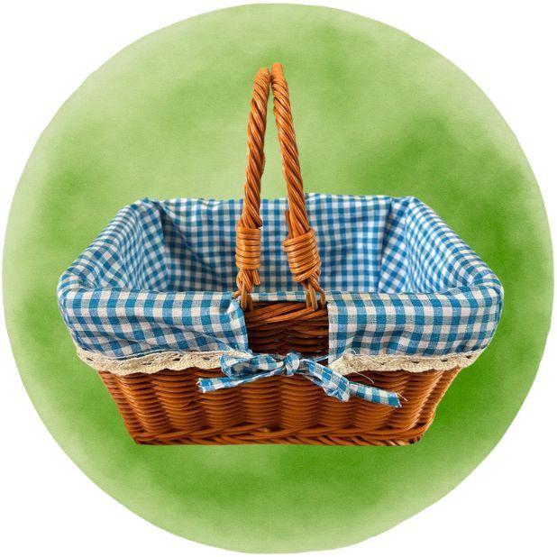 A green circle featuring a straw basket with blue and white gingham lining.