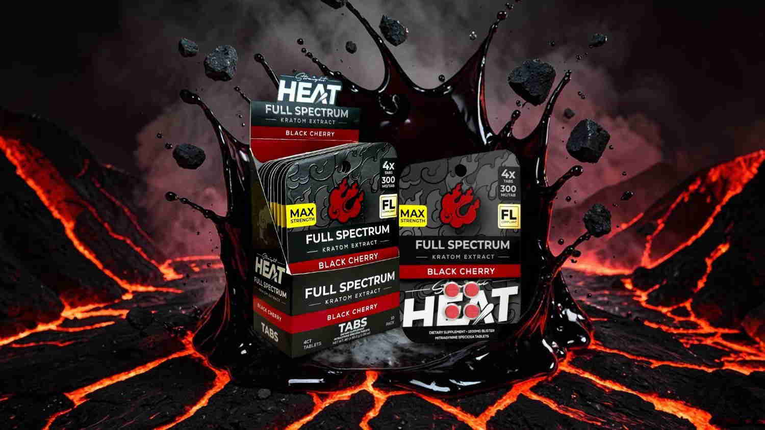 Boxes of HEAT product against a fiery, volcanic background.