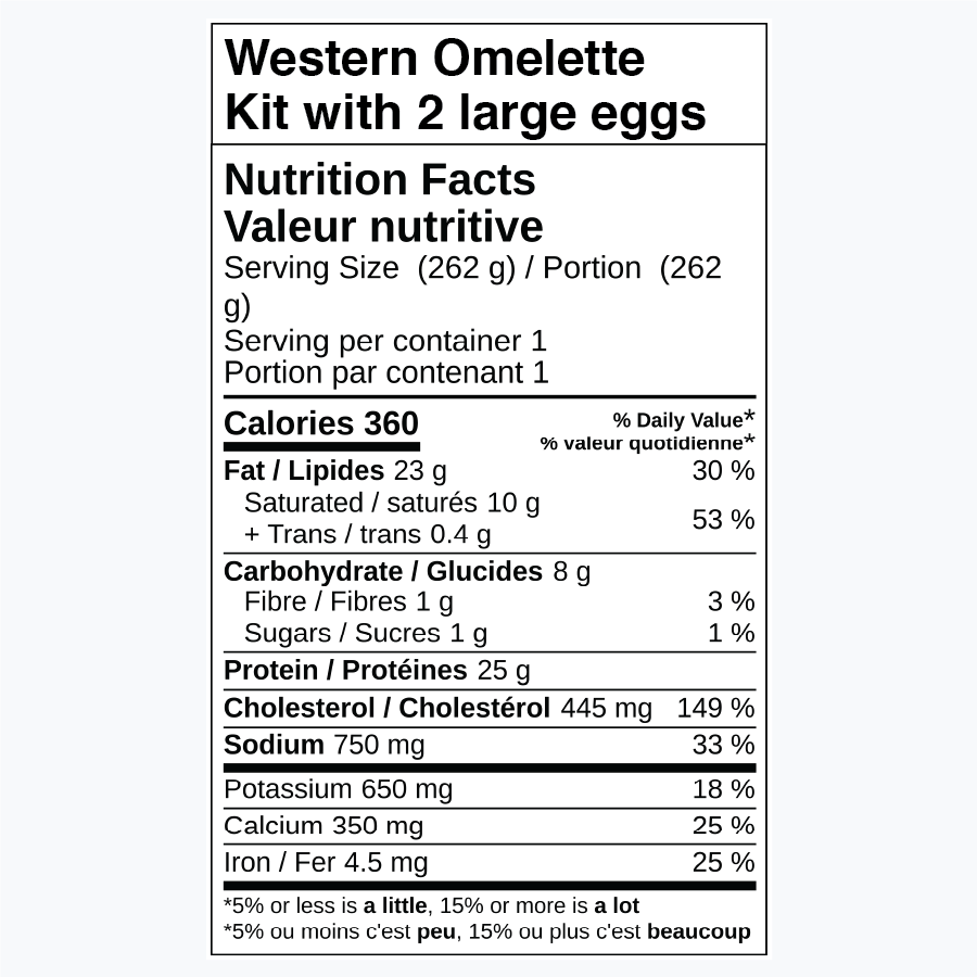Nutrition facts label for Western Omelette kit with 2 large eggs.