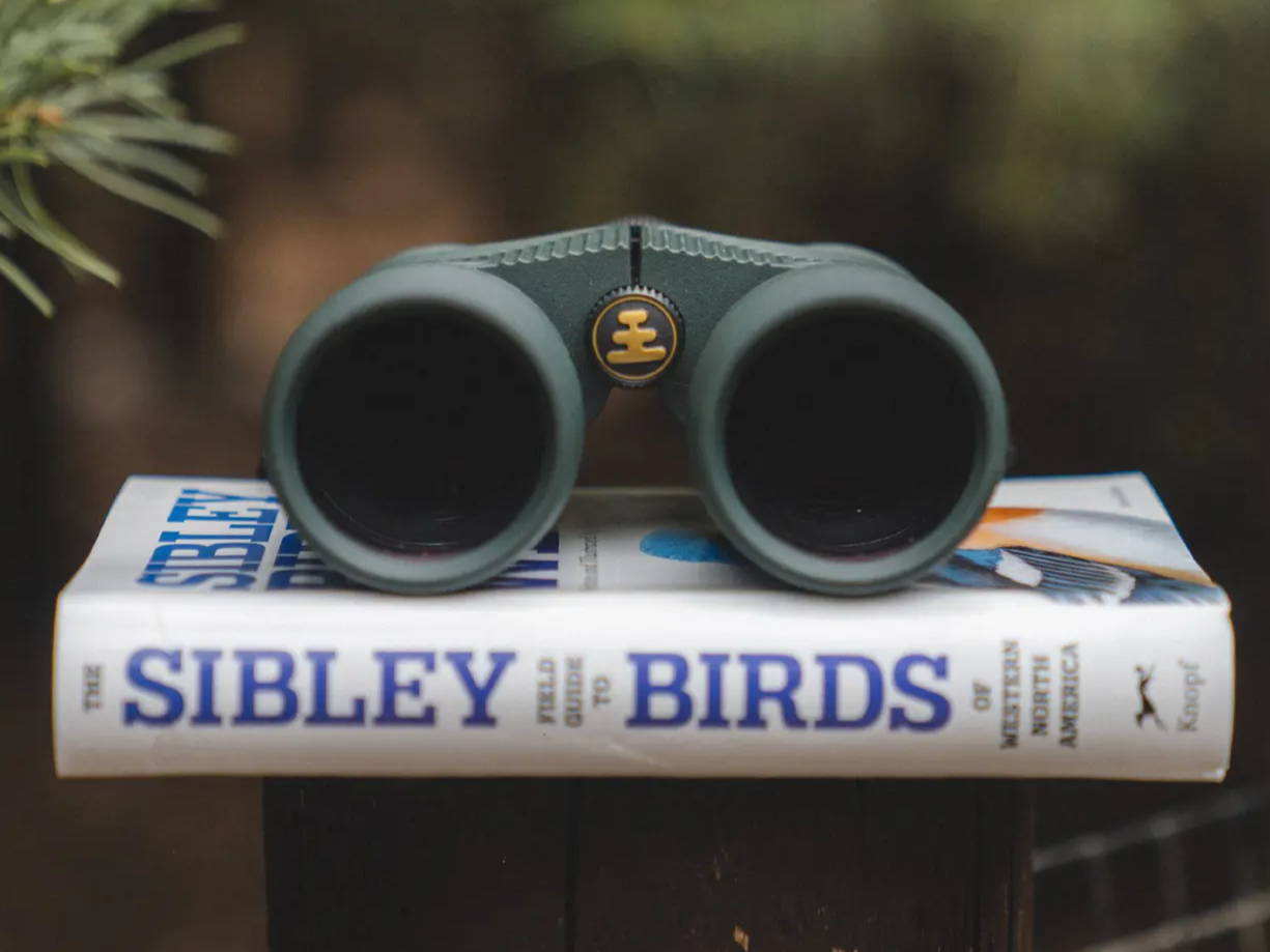 Pro Issue binoculars sitting on a birding book