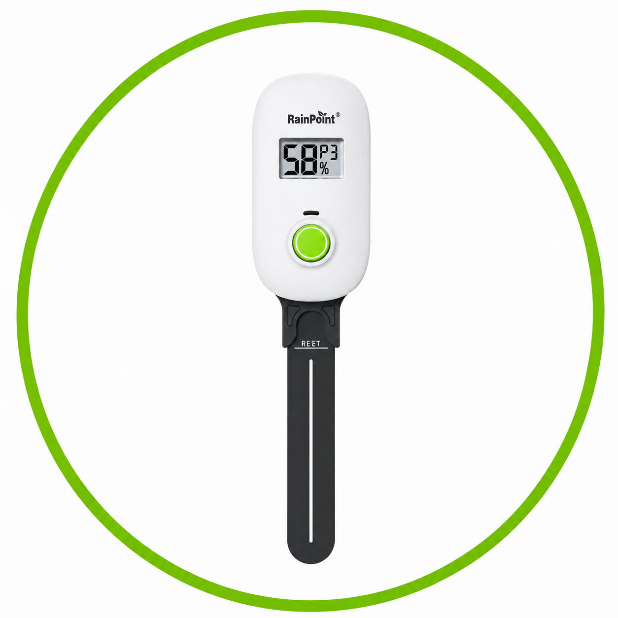 Digital thermometer with a display showing 58°F and a green button.