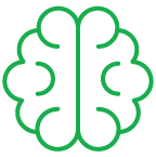 Green brain icon with stylized curves and lines.