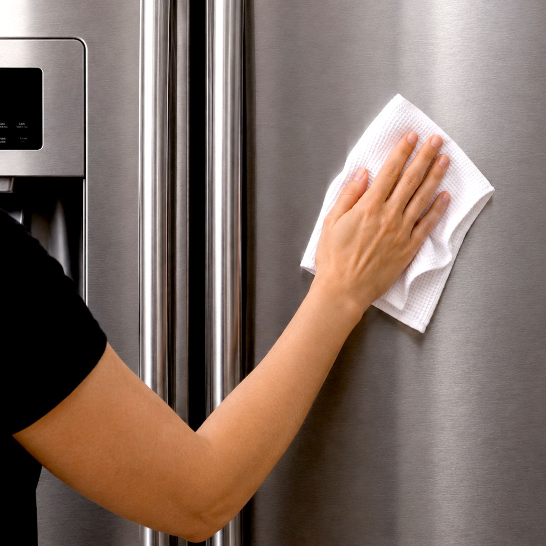 A person wiping a stainless steel refrigerator with a cloth.
