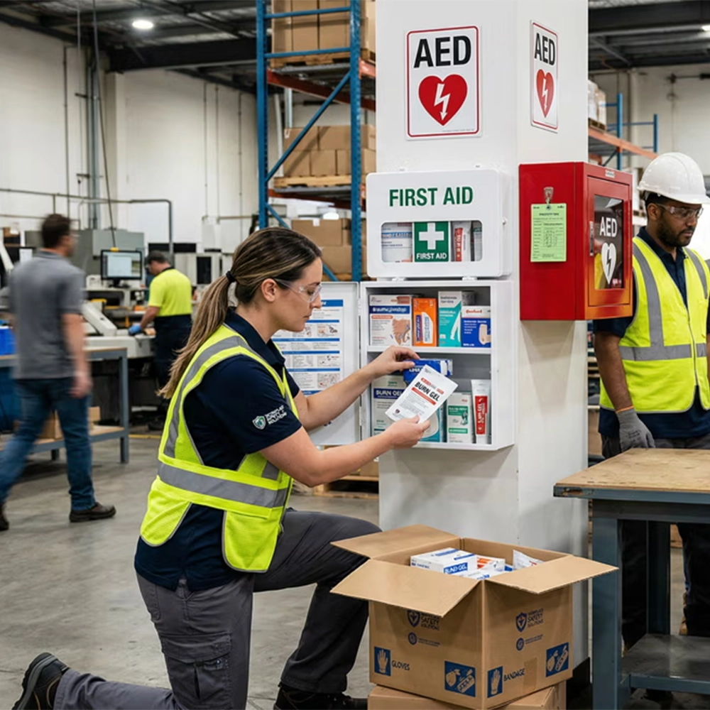 Person organizing first aid supplies in a warehouse setting.