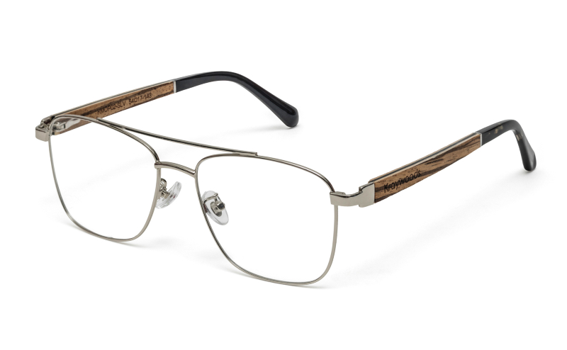 Drive Silver hypoallergenic eyeglass frames made from stainless steel and wood temples