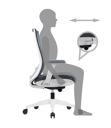 ofinto Ergo Studio | Seat Depth: Pull out the handle on the right side and slide the seat forward or backward