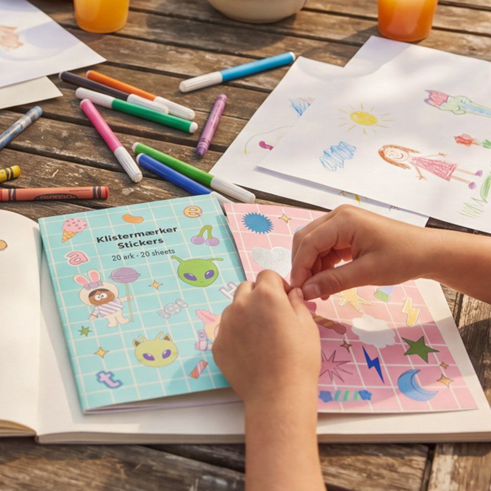 Child's hands applying stickers to a colorful activity book on a wooden table.