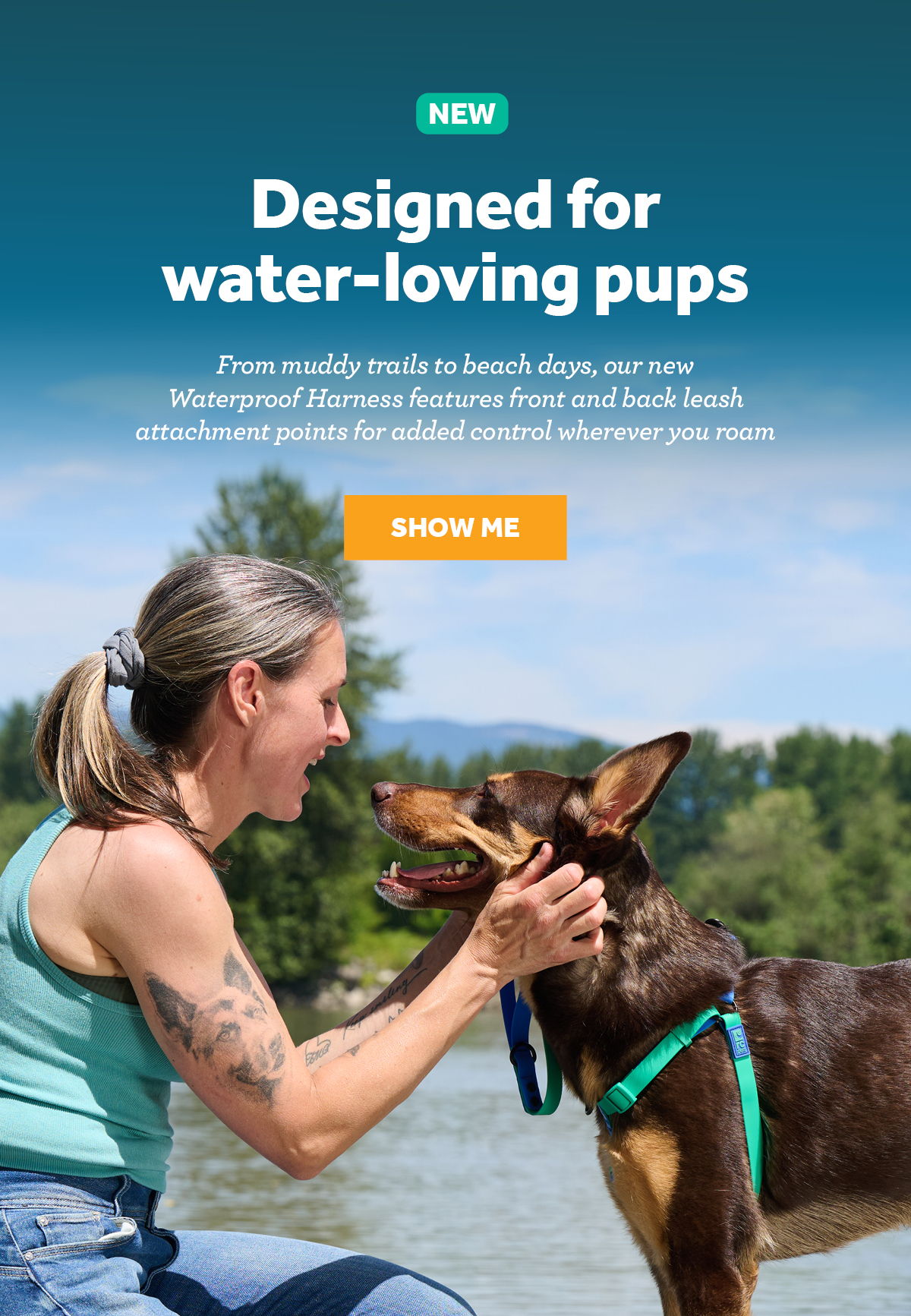 Woman playing with a dog by the water, promoting waterproof dog gear.
