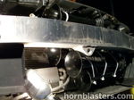 Close-up black air horns behind front bumper reinforcement bar radiator zip tie mount Nick's Nissan 350Z Conductor's Special 232 gallery photo 3