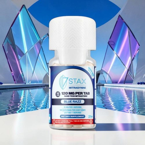 Bottle of dietary supplement with colorful geometric background.