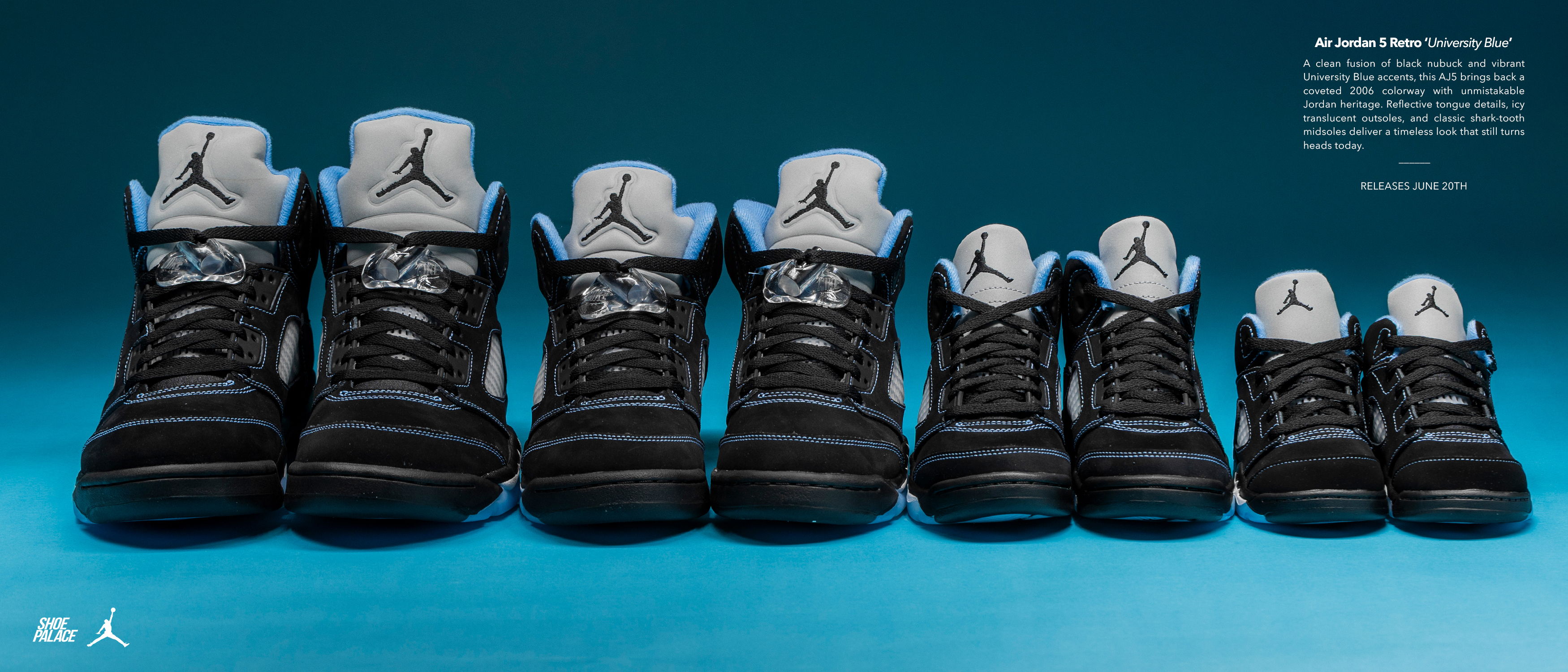 A row of black and gray sneakers in various sizes.