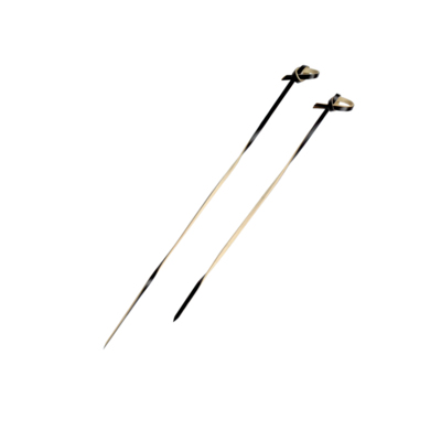 A black bamboo skewer with a twisted stem and a knotted tip