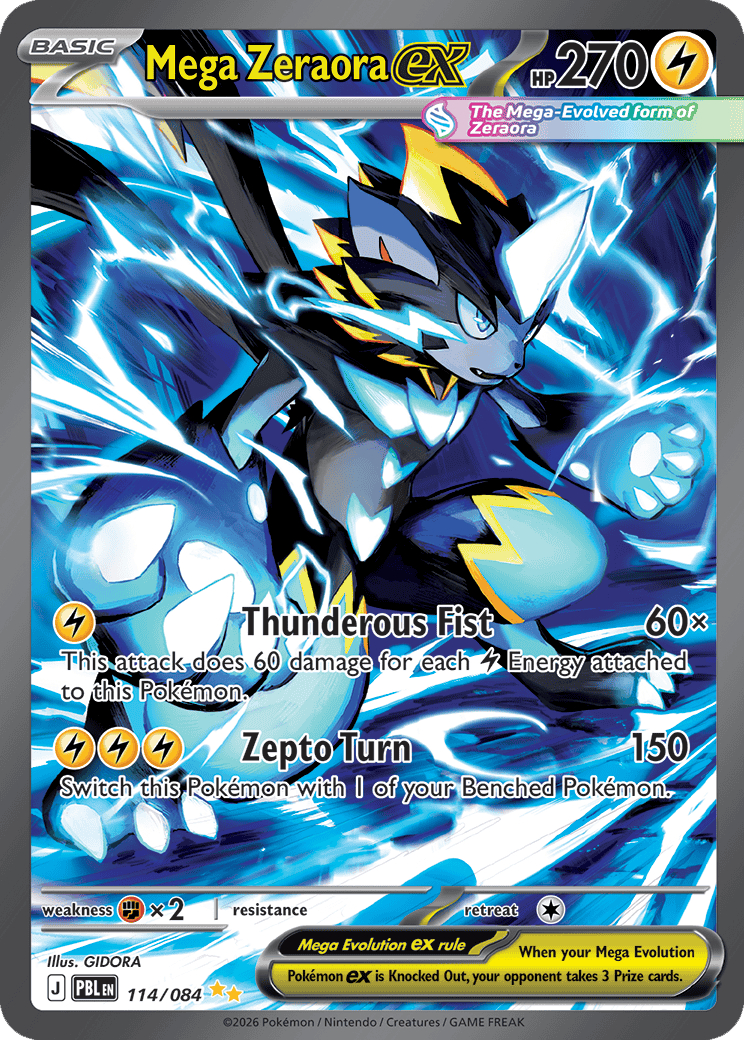 The Pokémon card Mega Zeraora ex from the Pokémon TCG's Pitch Black Expansion.