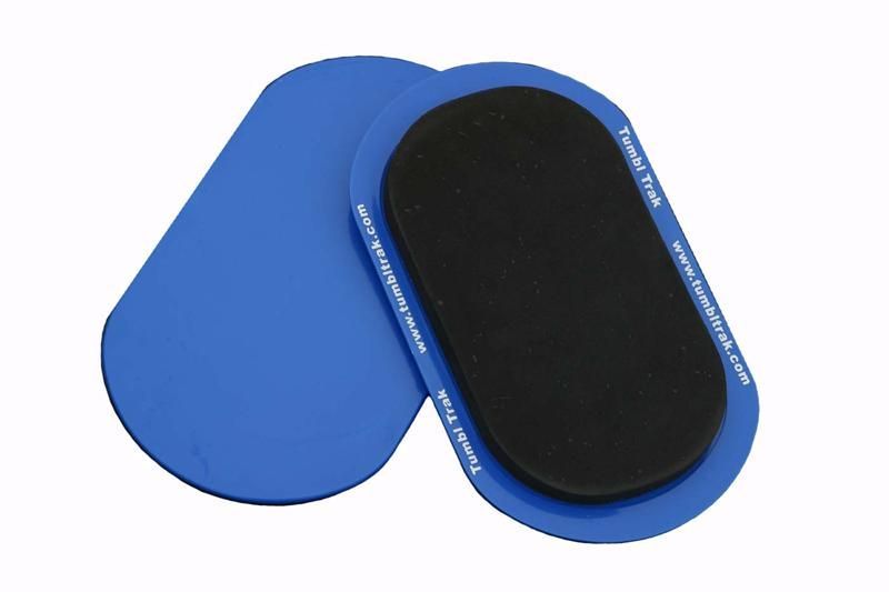 Two blue ergonomic mouse pads with a black surface.