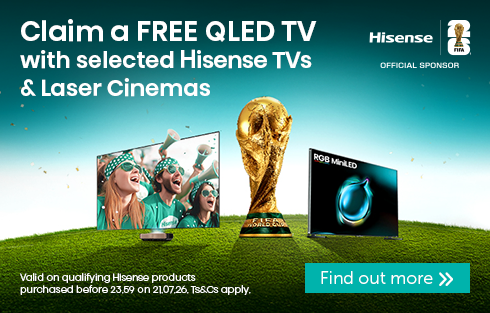 Promotional banner for free QLED TV with Hisense TVs and Laser Cinemas.