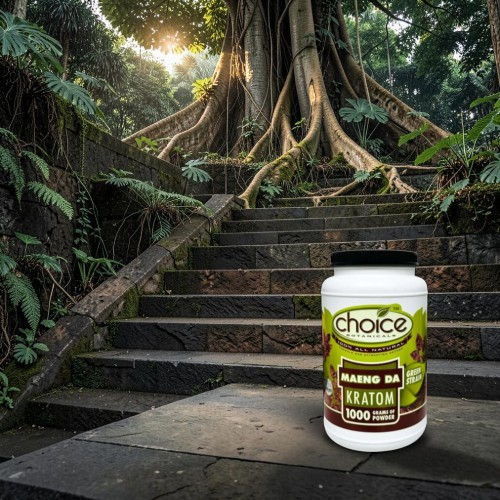 Bottle of kratom supplement in a lush, forested setting.