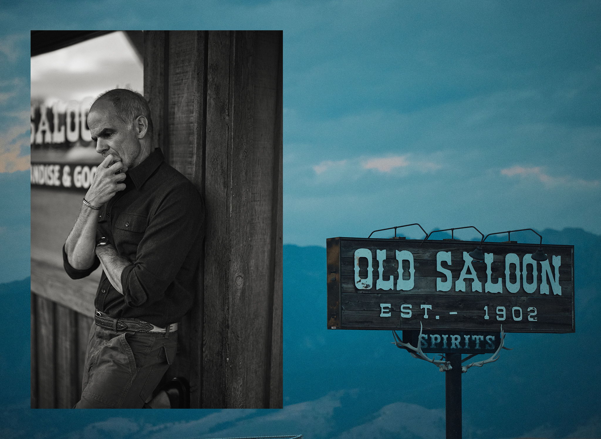 Micahel Kelly outside the Old Saloon in Emigrant Montana wearing all Rivay