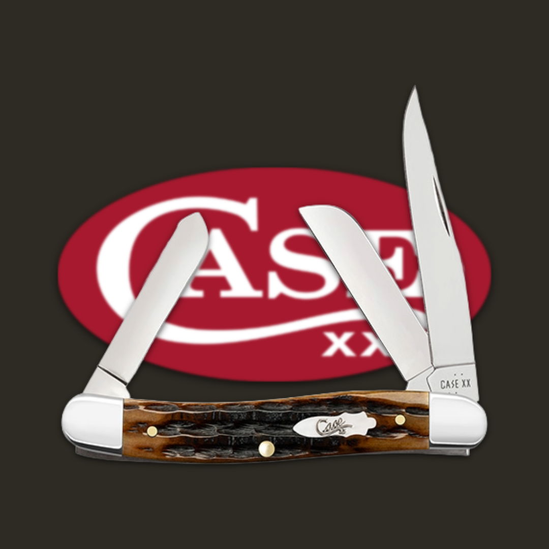Pocket knife with three blades and Case logo in background.
