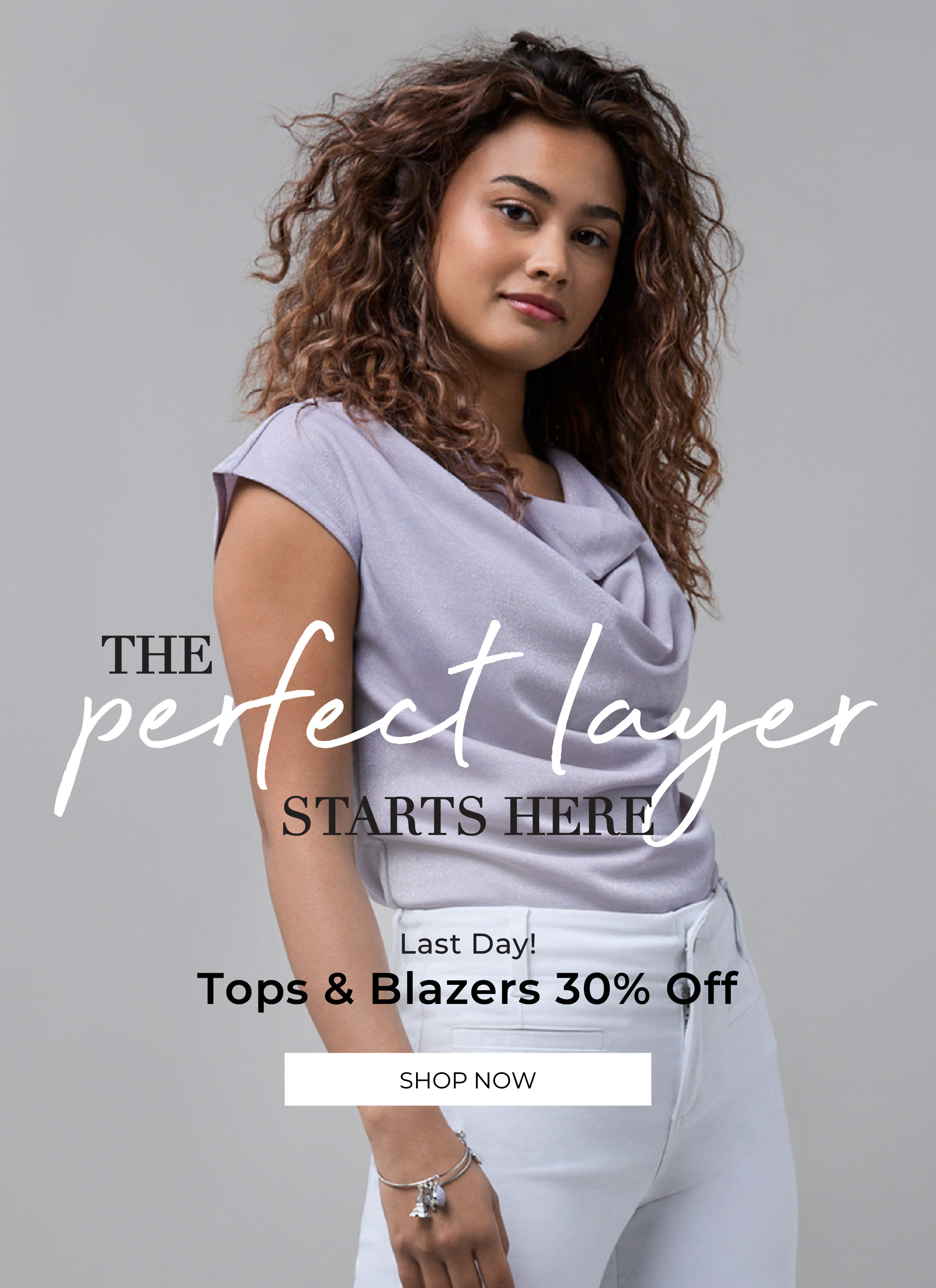 Woman in stylish outfit promoting clothing sale. Text includes 