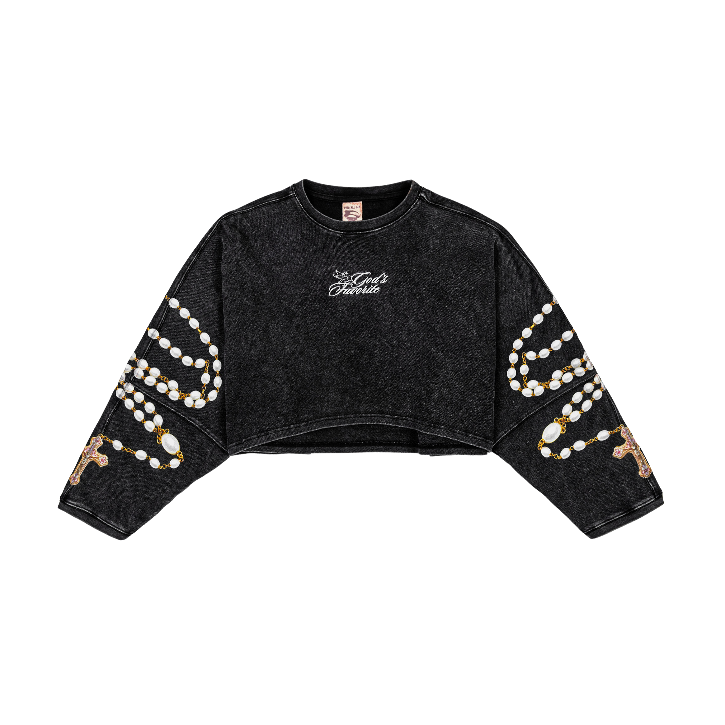 Black cropped sweatshirt with decorative beads and graphic text.