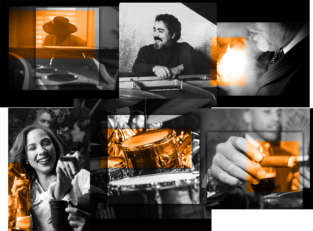 A colage of various pictures with Avo Uvezian and people enjoying an avo cigar