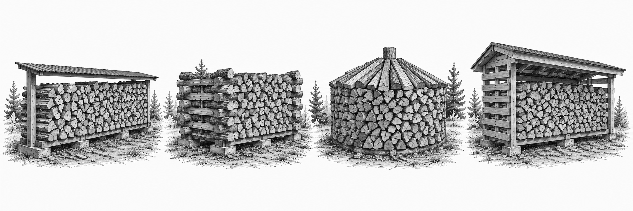 Illustration of various log storage structures in black and white.