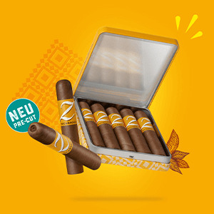 Zwei Zino Nicaragua Half Corona-Zigarren mit innovativem Pre-Cut, die überkreuzt angeordnet vor einem gelben Hintergrund und der geöffneten gelben Dose schweben.