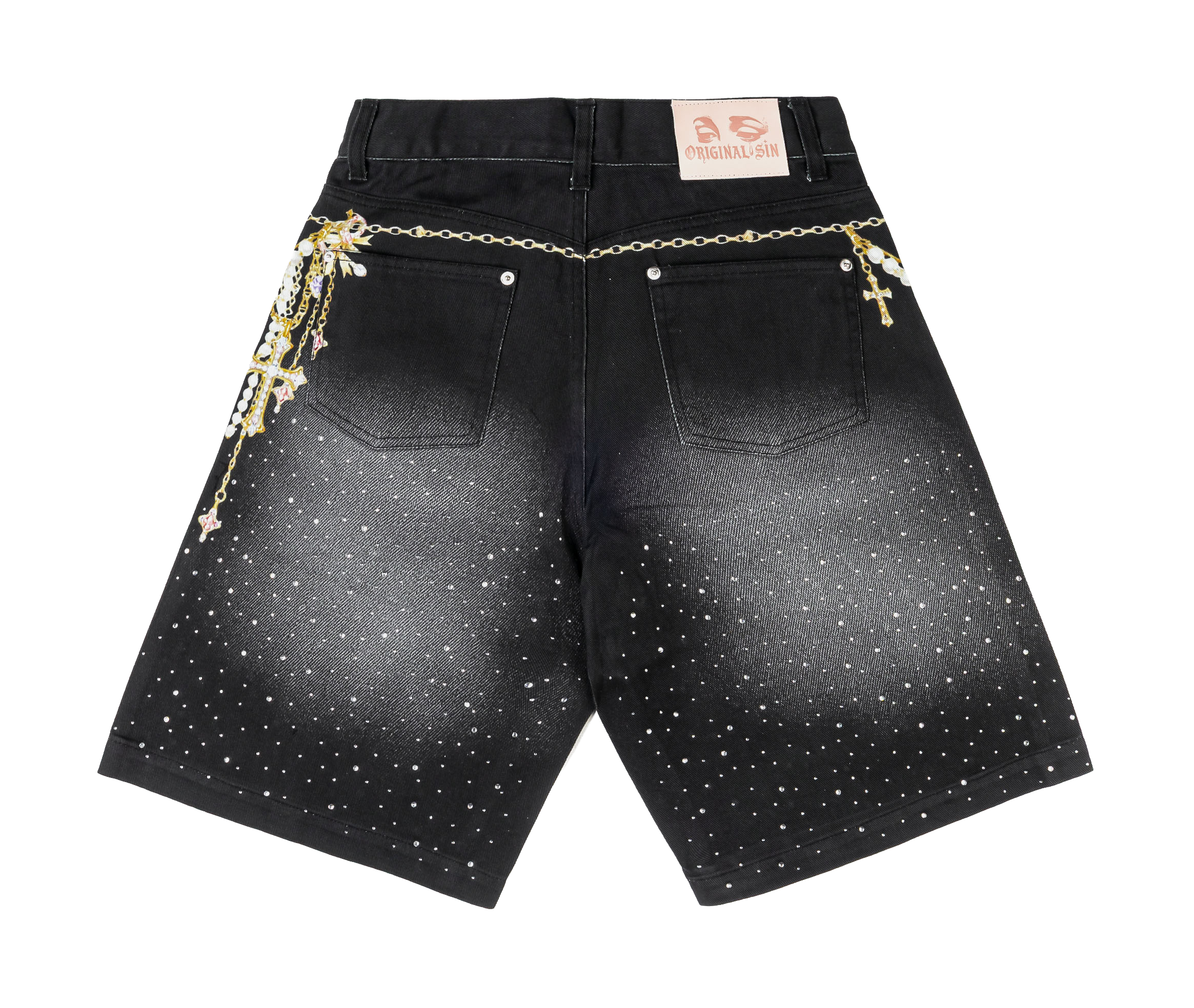 Black shorts with gold chains and cross embellishments.
