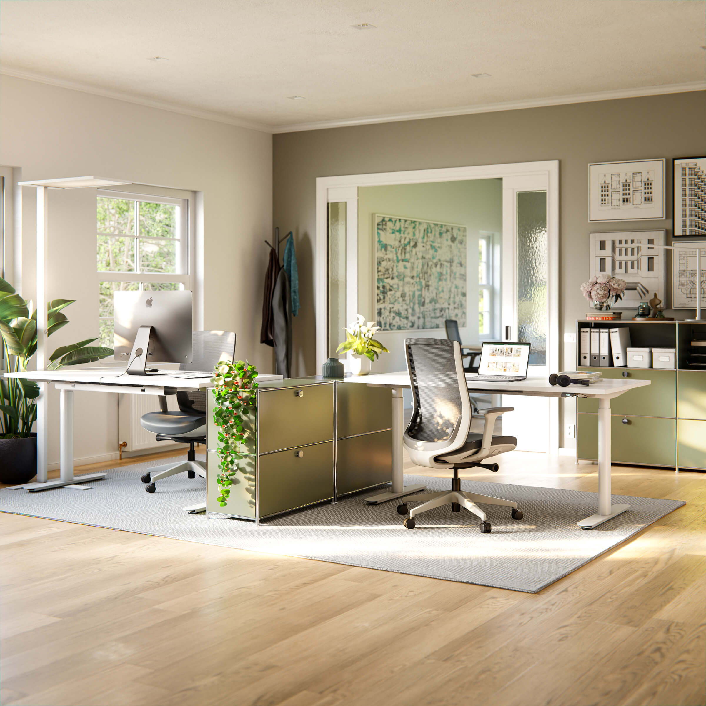 Open-plan office with two workstations, separated by two ofinto Cubox chests of drawers in olive green