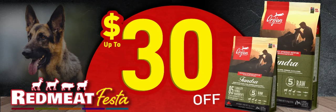 ORIJEN Red Meat Fiesta promotion with up to $30 off ORIJEN Tundra dog food.