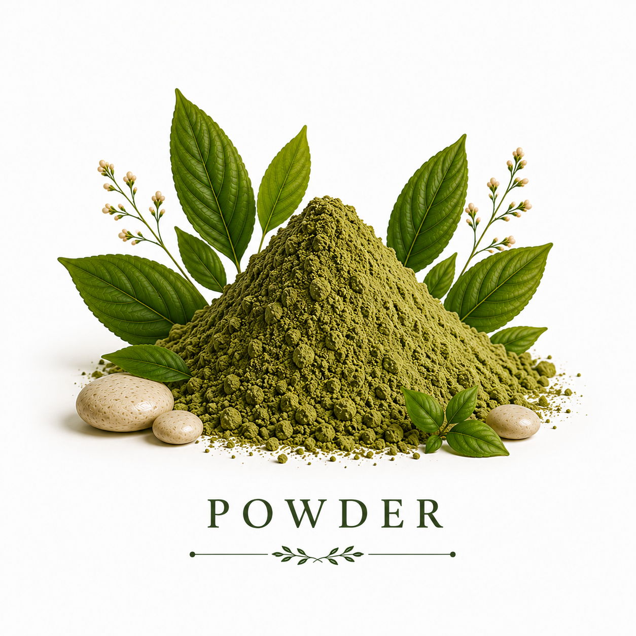 Green powder with leaves and stones, labeled 