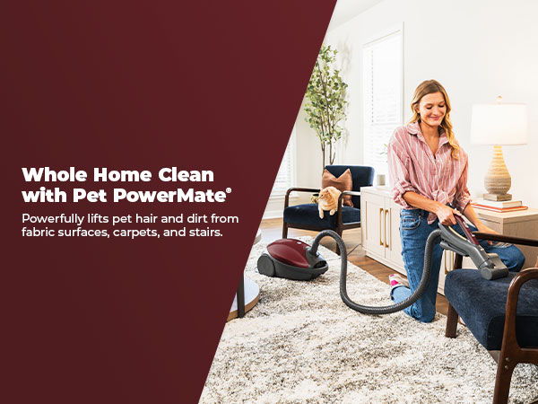 Woman vacuuming pet hair from furniture in a clean living room.