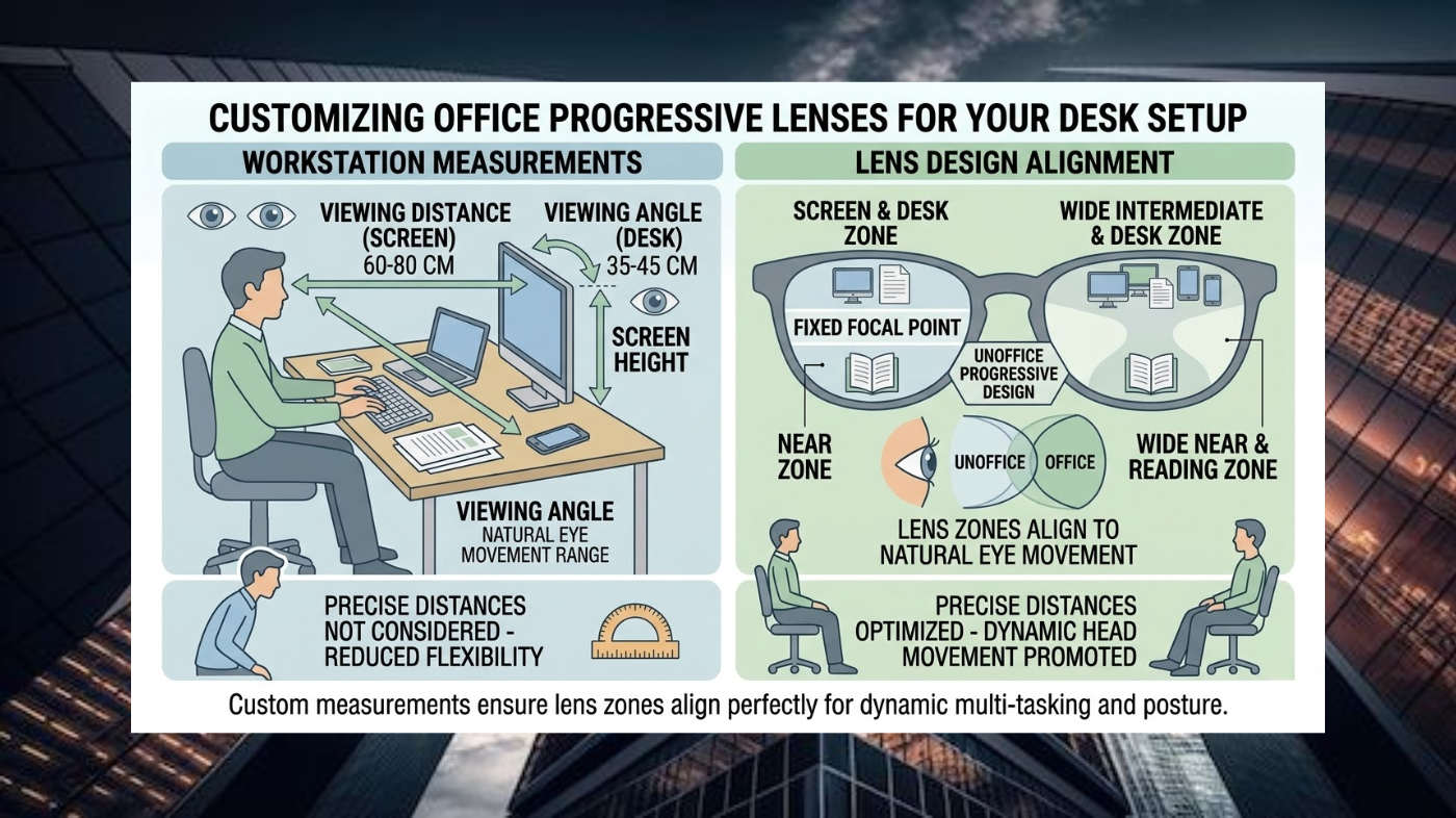  Diagram showing how office progressive lenses are customised based on desk setup and working distance.