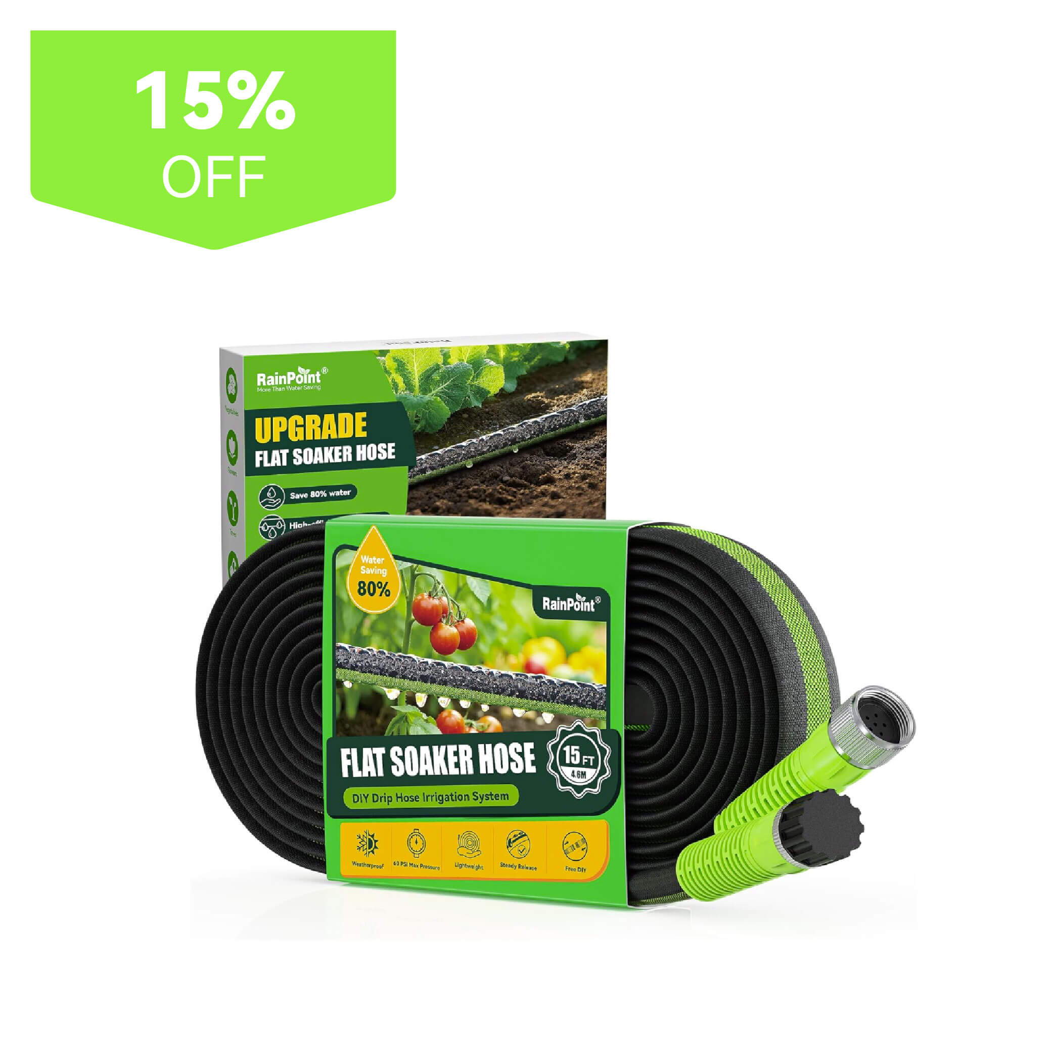 Flat garden hose package with a 15% off label.