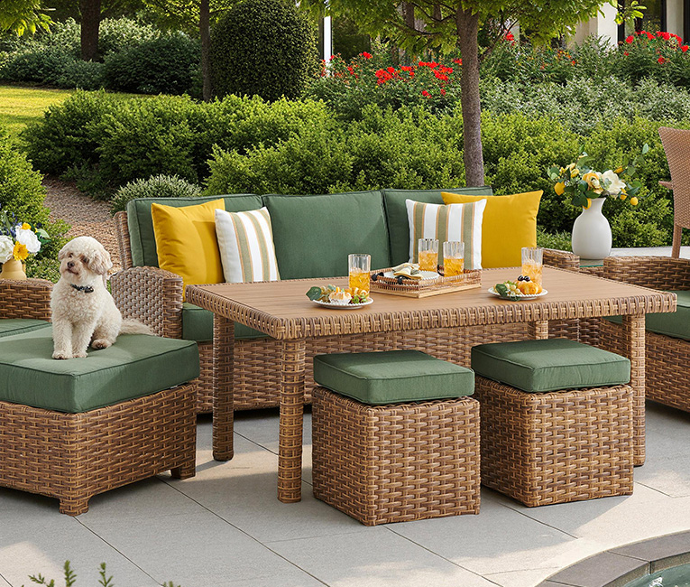 A cozy outdoor seating area with a dog, cushions, and drinks.