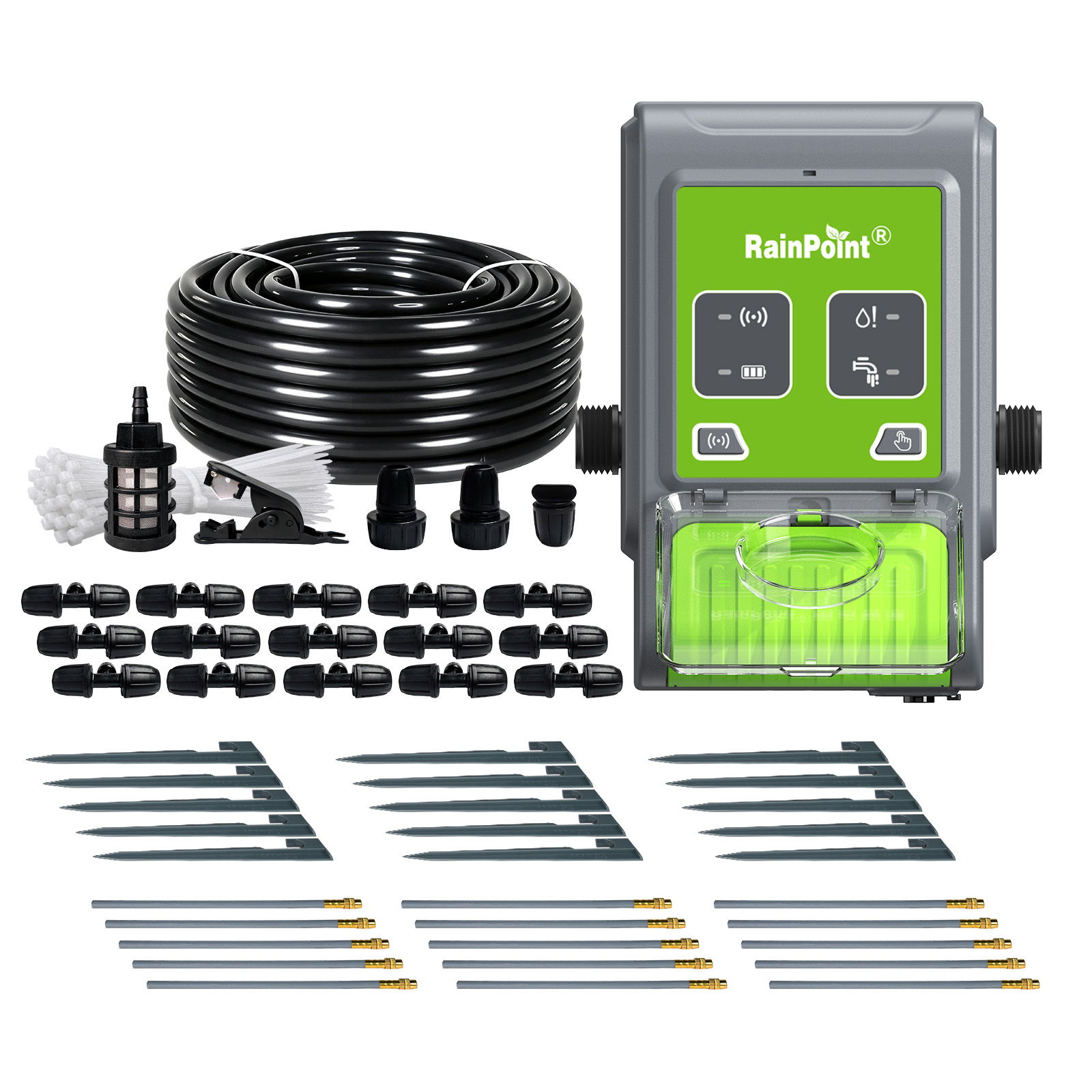 Irrigation system kit with controller, tubing, connectors, and stakes.