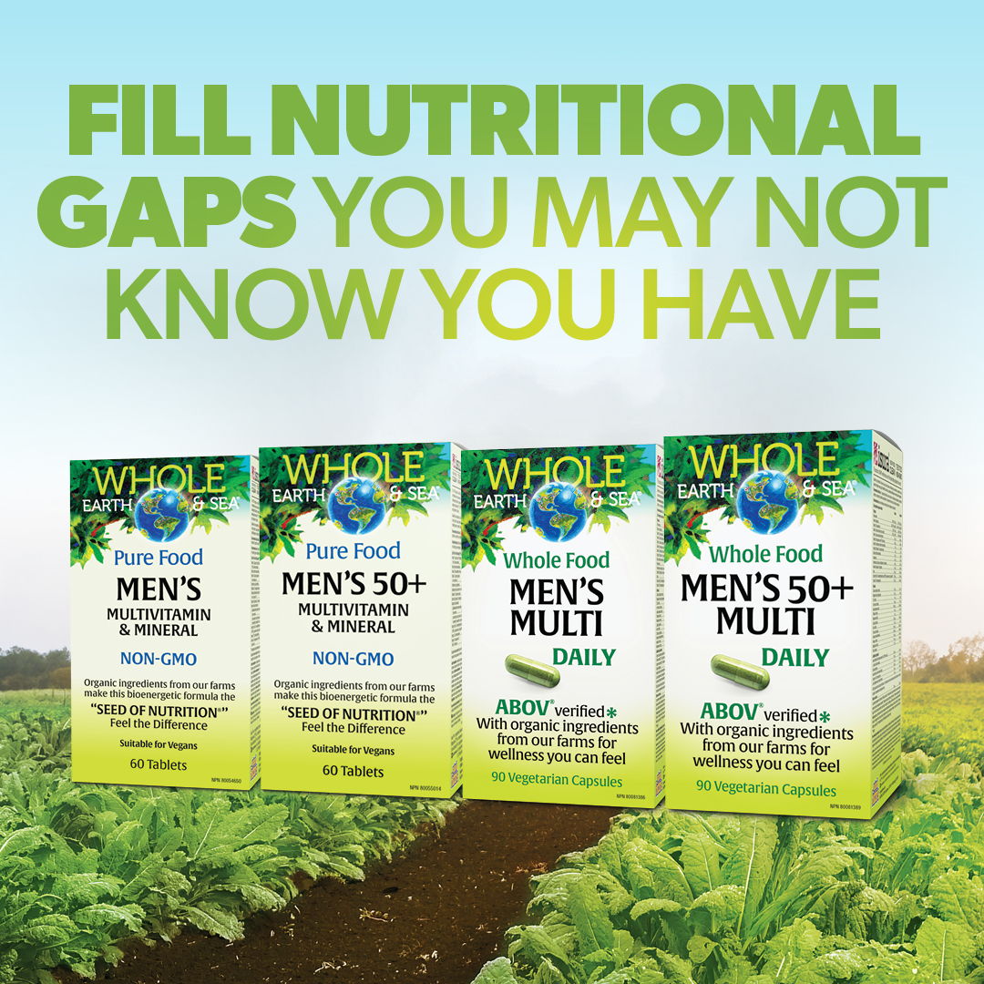 Four boxes of multivitamins with text about filling nutritional gaps.