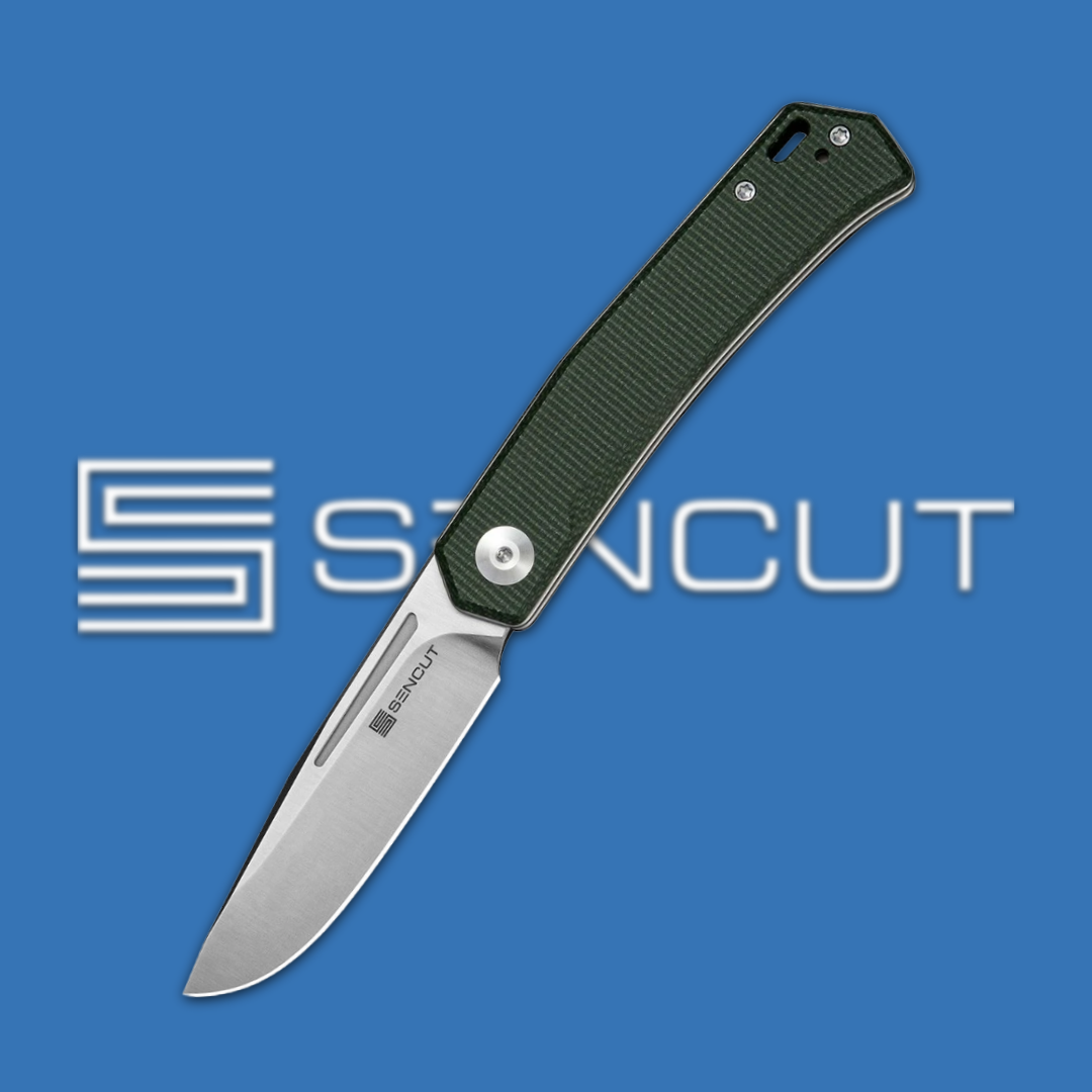 A folding knife with a green handle on a blue background.