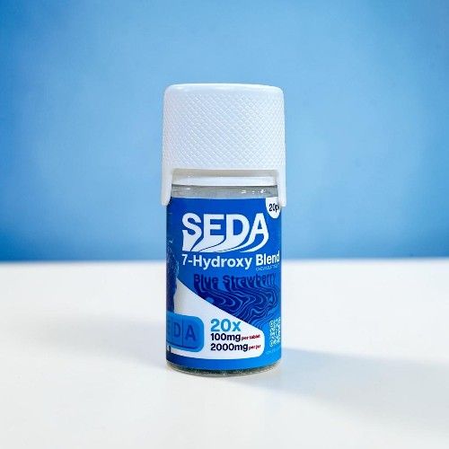 Bottle of SEDA 7-Hydroxy Blend on a blue background.