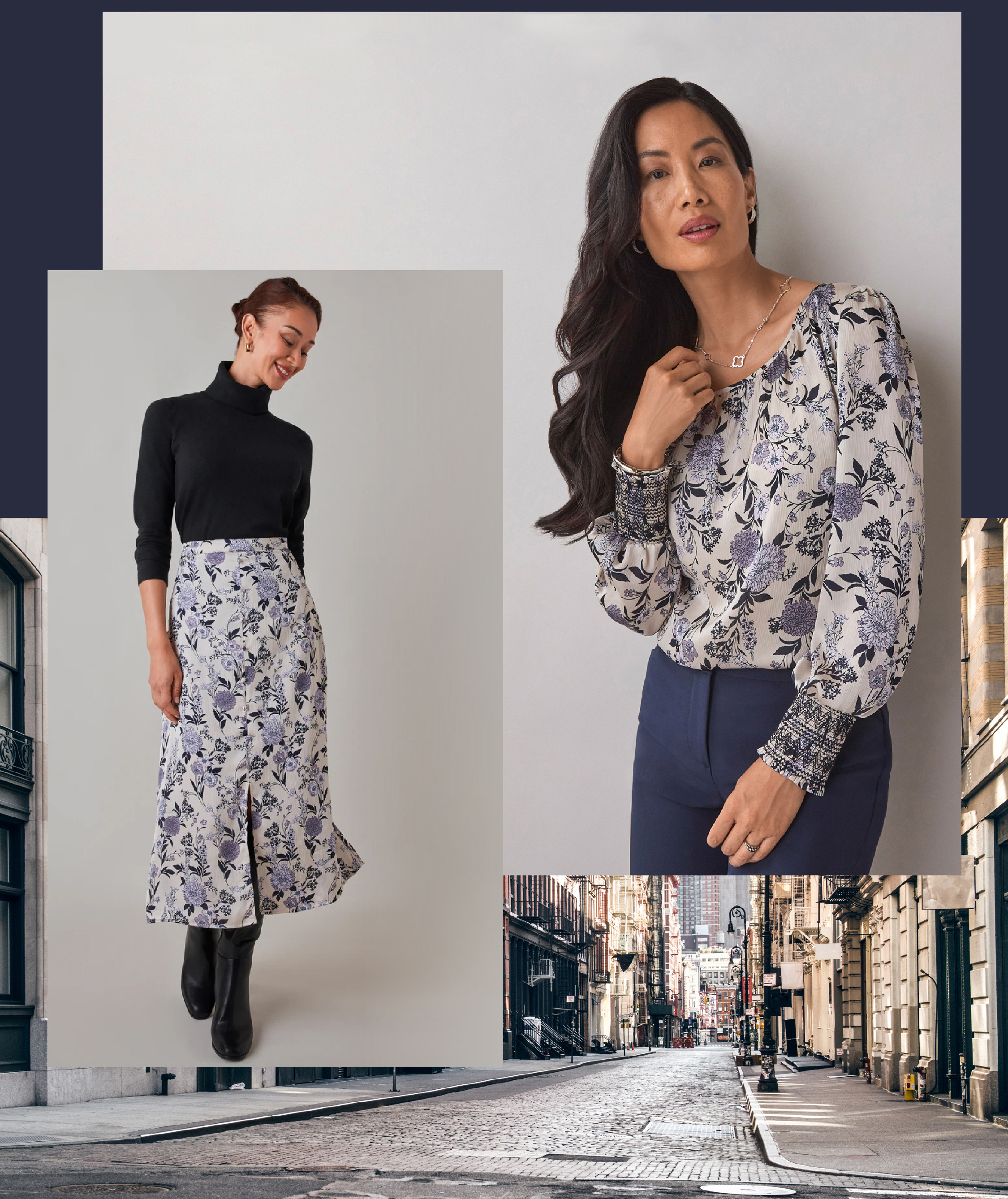 Two women modeling floral outfits in a stylish urban setting.