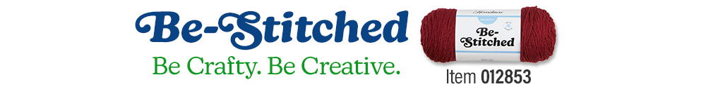 Logo for Be-Stitched, featuring yarn and a creative tagline. Herrschners Be-Stitched Yarn. Be Crafty. Be Creative.