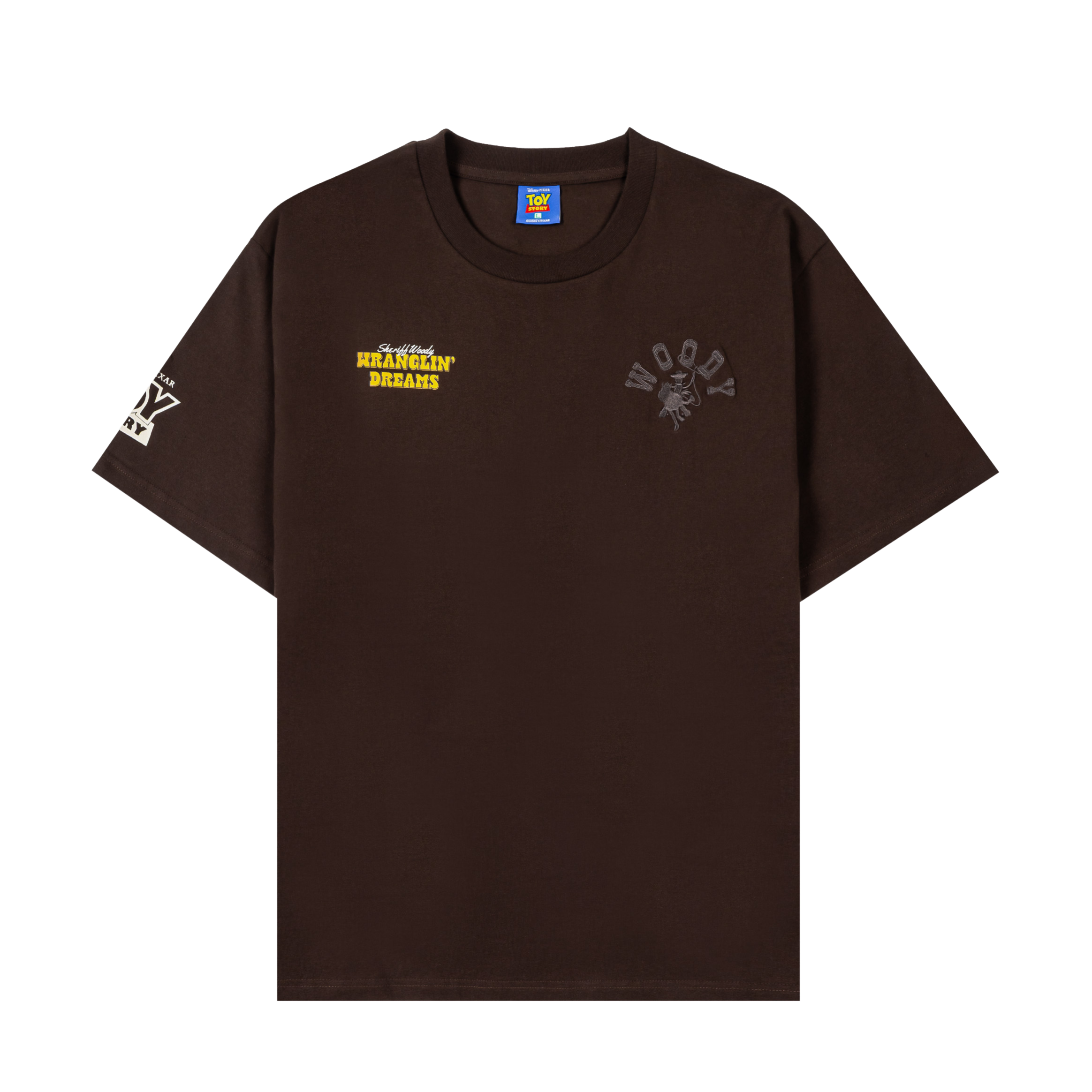 Brown t-shirt with graphics on the front and sleeve.