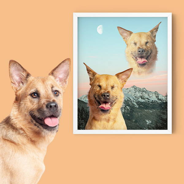 modern super imposed dog art with dog next to it