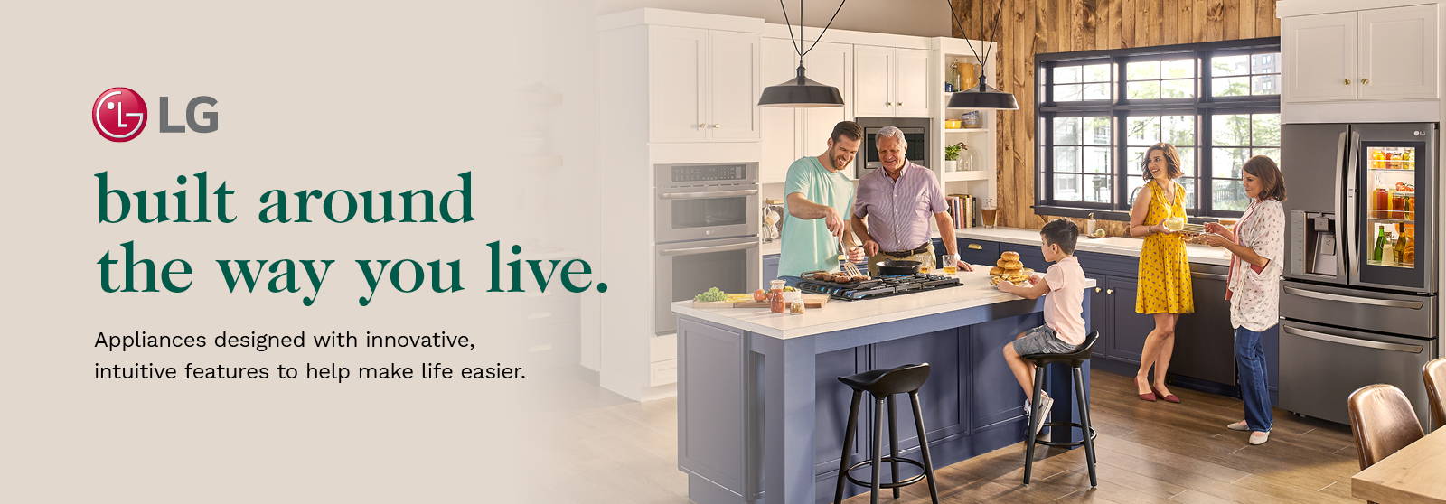 LG | Built Around the Way You Live: Appliances Designed With Innovative, Intuitive Features to Help Make Life Easier | Family Preparing Meal in LG Kitchen Appliances | Dufresne Furniture and Appliances Store  