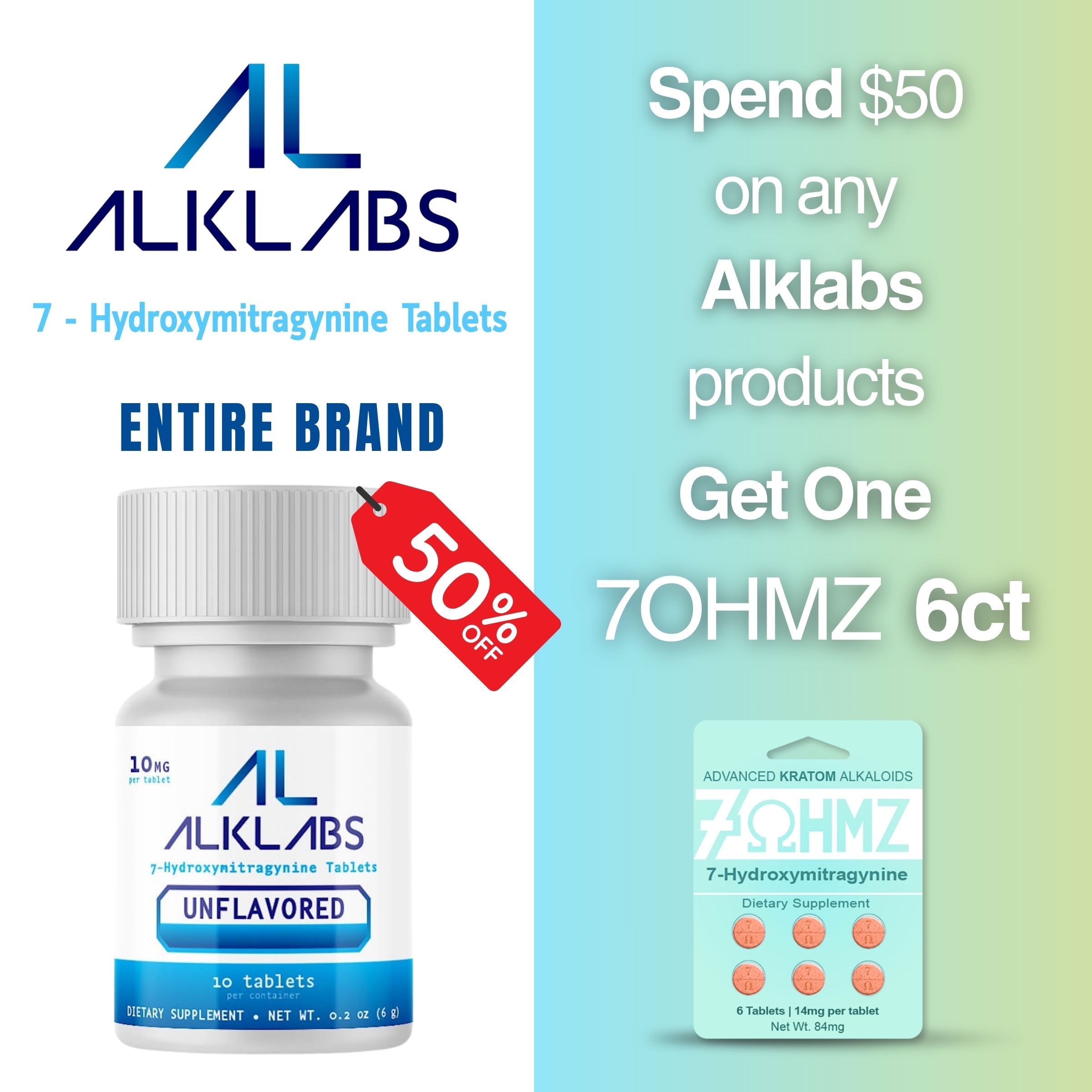 Promotional image for ALKLABS products with discounts and product details.